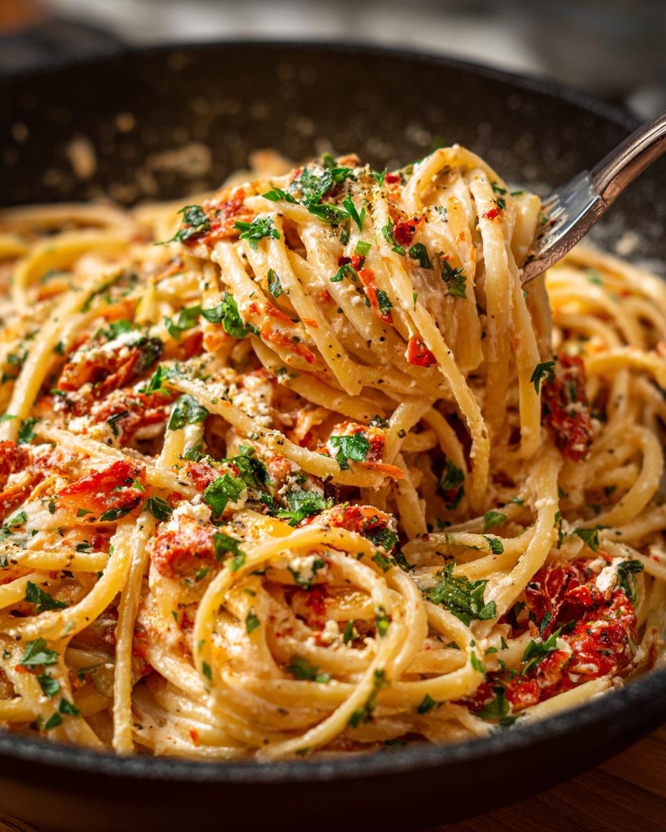 A fork twirls a portion of Irresistible Baked Feta Pasta, showcasing creamy sauce, sun-dried tomatoes, and fresh parsley.