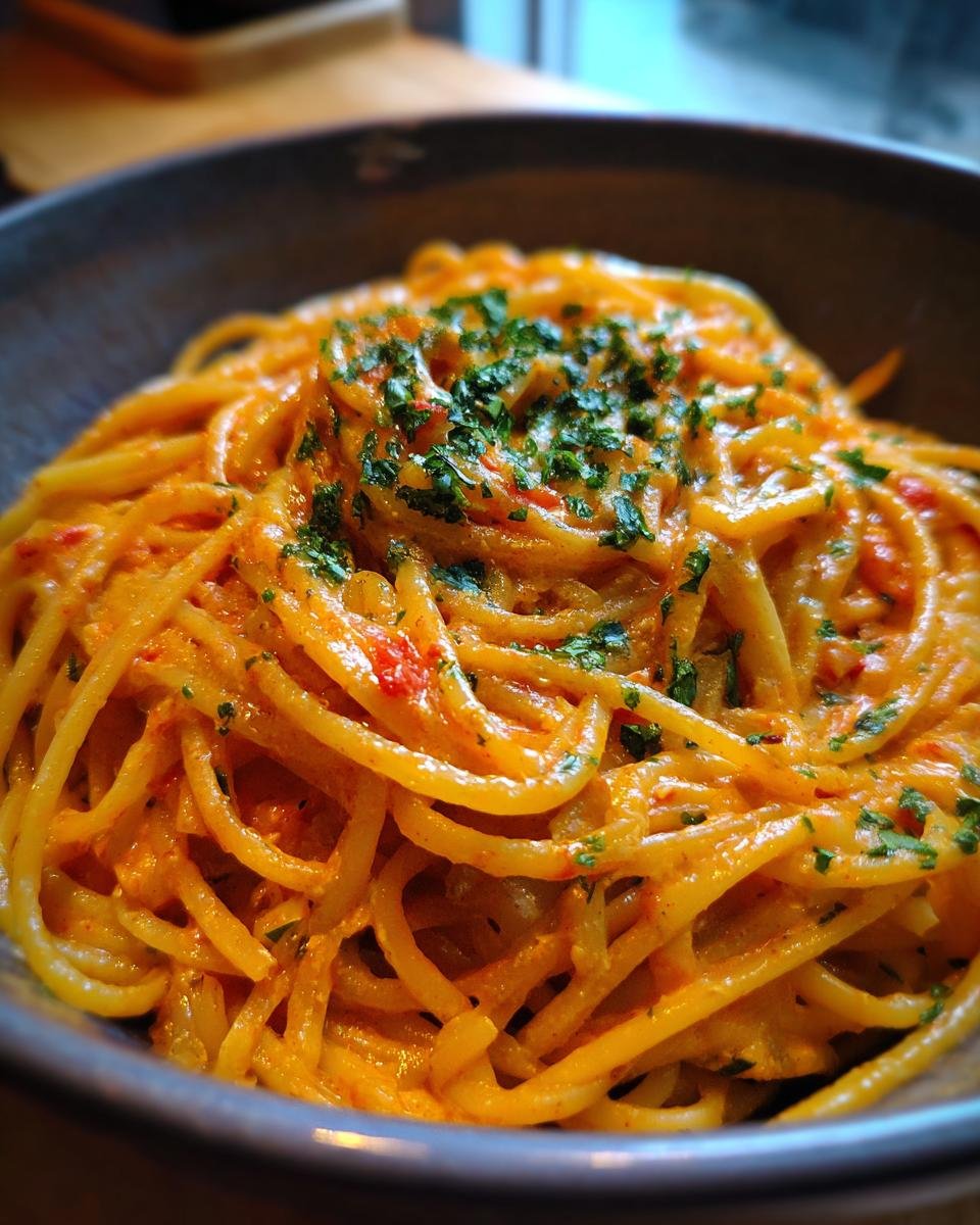 A close-up of Irresistible Baked Feta Pasta, showing creamy sauce coating spaghetti, garnished with fresh herbs.