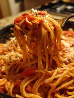 A fork lifting a generous portion of Irresistible Baked Feta Pasta, coated in a creamy tomato sauce and topped with grated cheese.