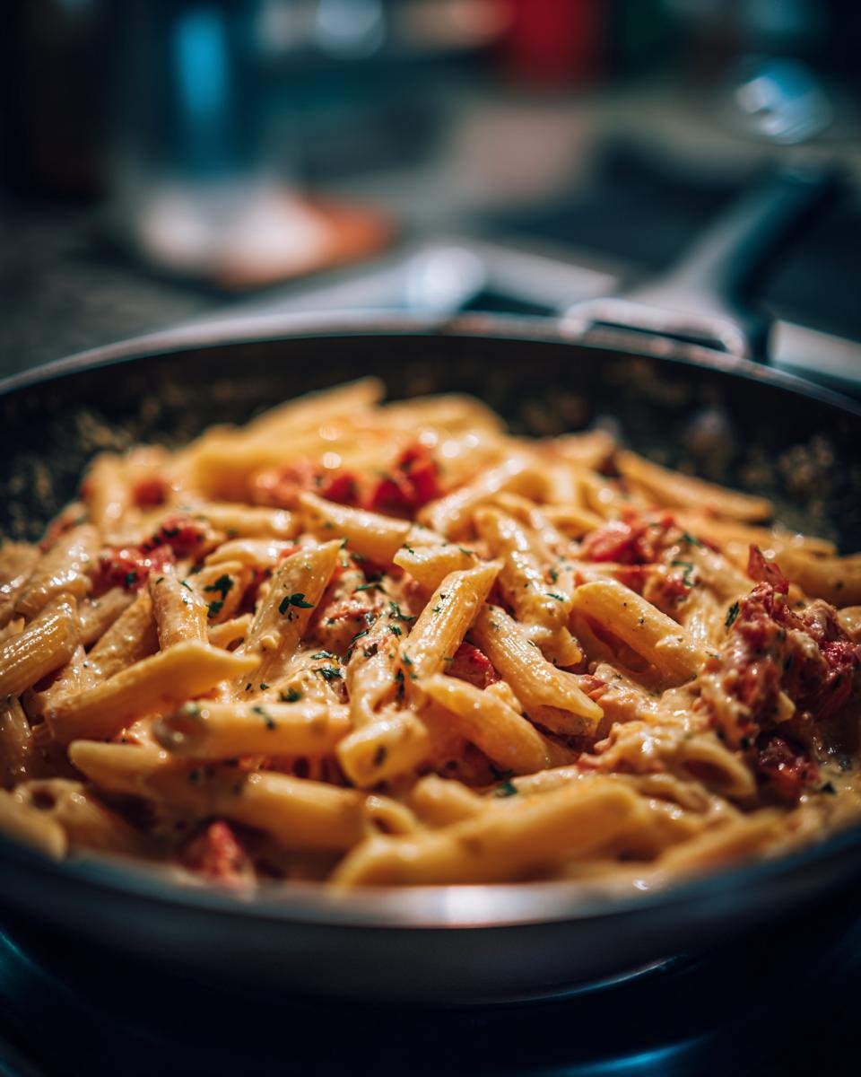 Close-up of Irresistible Baked Feta Pasta in a pan, coated in creamy sauce with tomatoes and herbs.