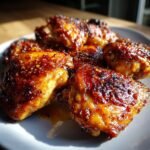 Close-up of Irresistible Baked Honey Garlic Chicken wings glazed with a sticky, savory sauce.