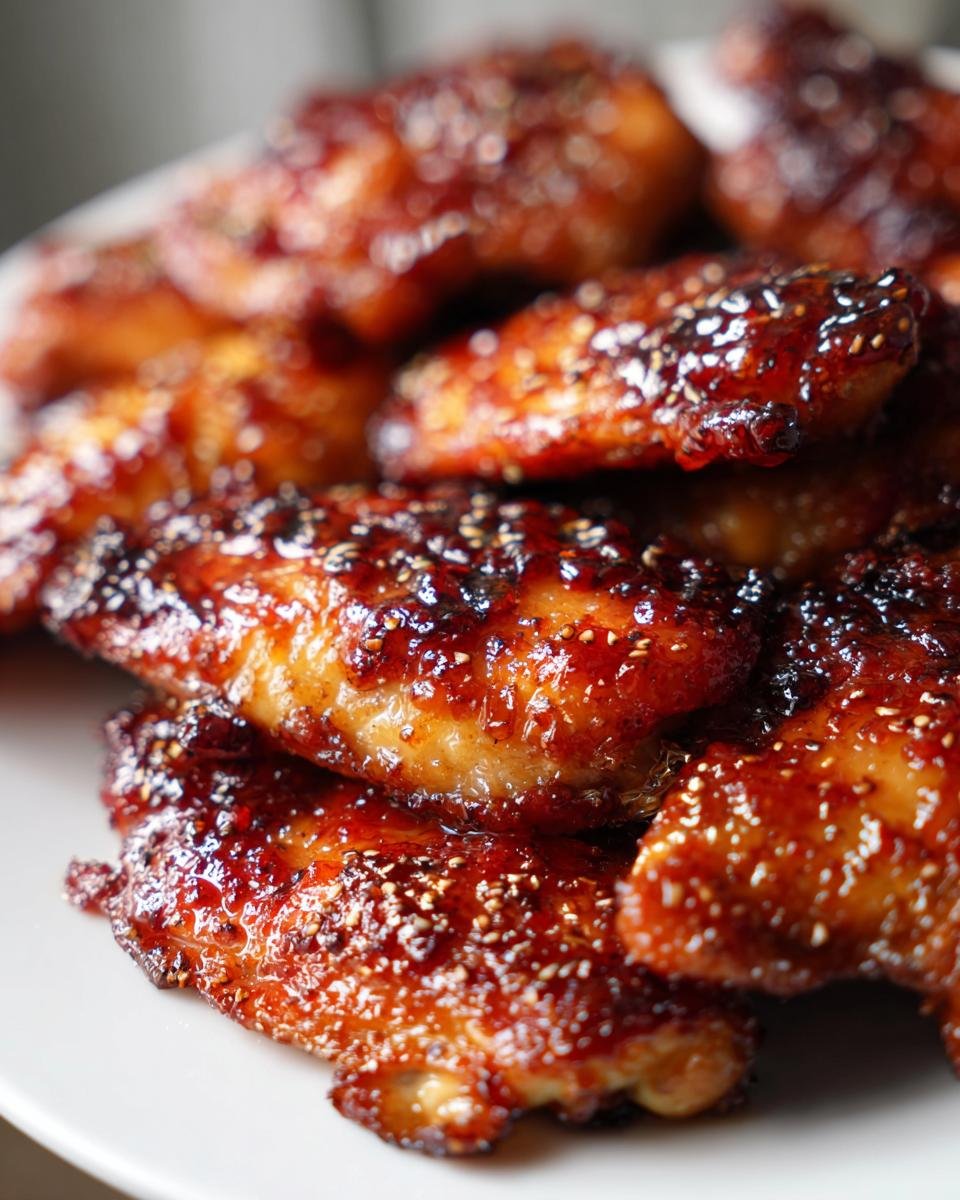 Close-up of glistening Irresistible Baked Honey Garlic Chicken wings, coated in a rich glaze and sprinkled with sesame seeds.