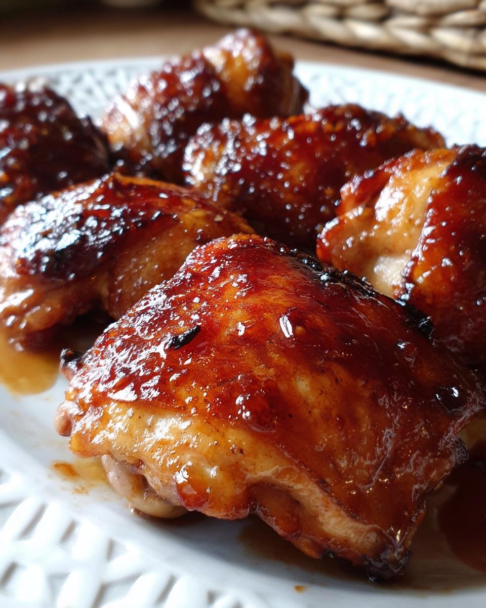 Close-up of glistening Irresistible Baked Honey Garlic Chicken pieces on a white plate.