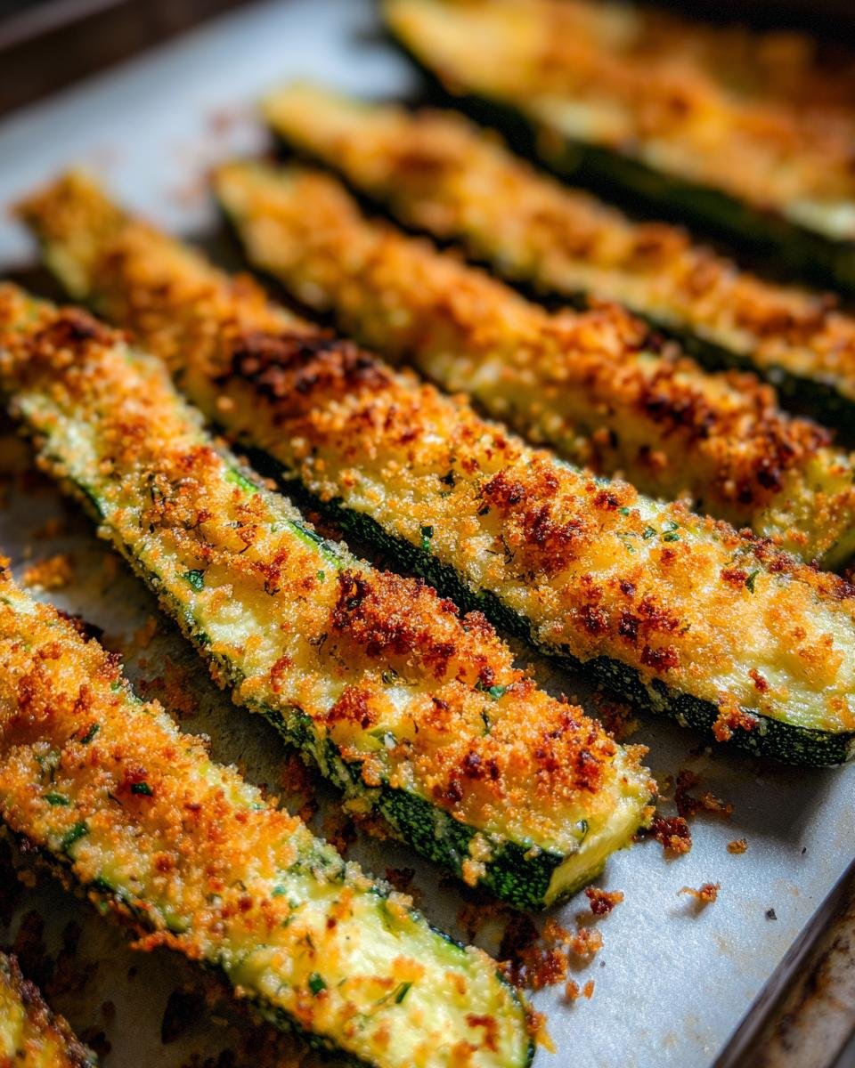 Close-up of irresistible baked parmesan zucchini halves on a baking sheet, golden brown and crispy.