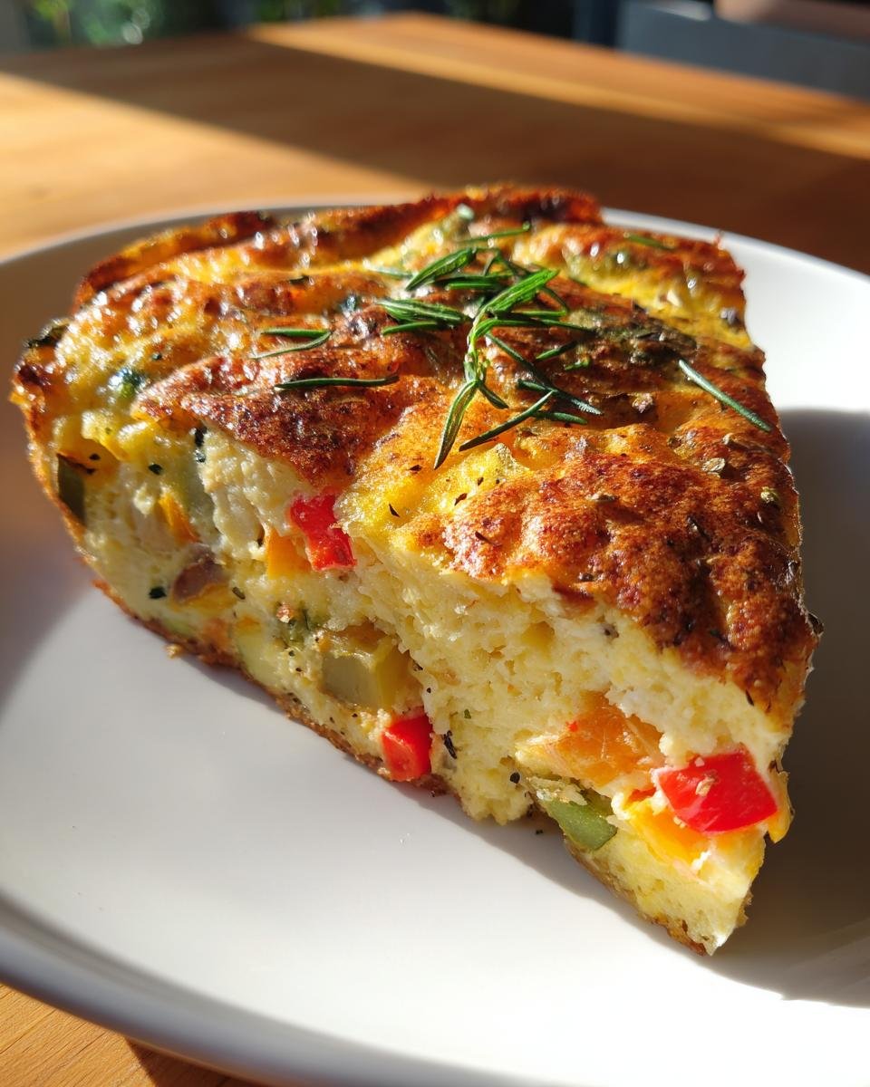 A slice of Irresistible Baked Vegetable Frittata Recipe, showcasing colorful vegetables and a golden-brown top, garnished with rosemary.