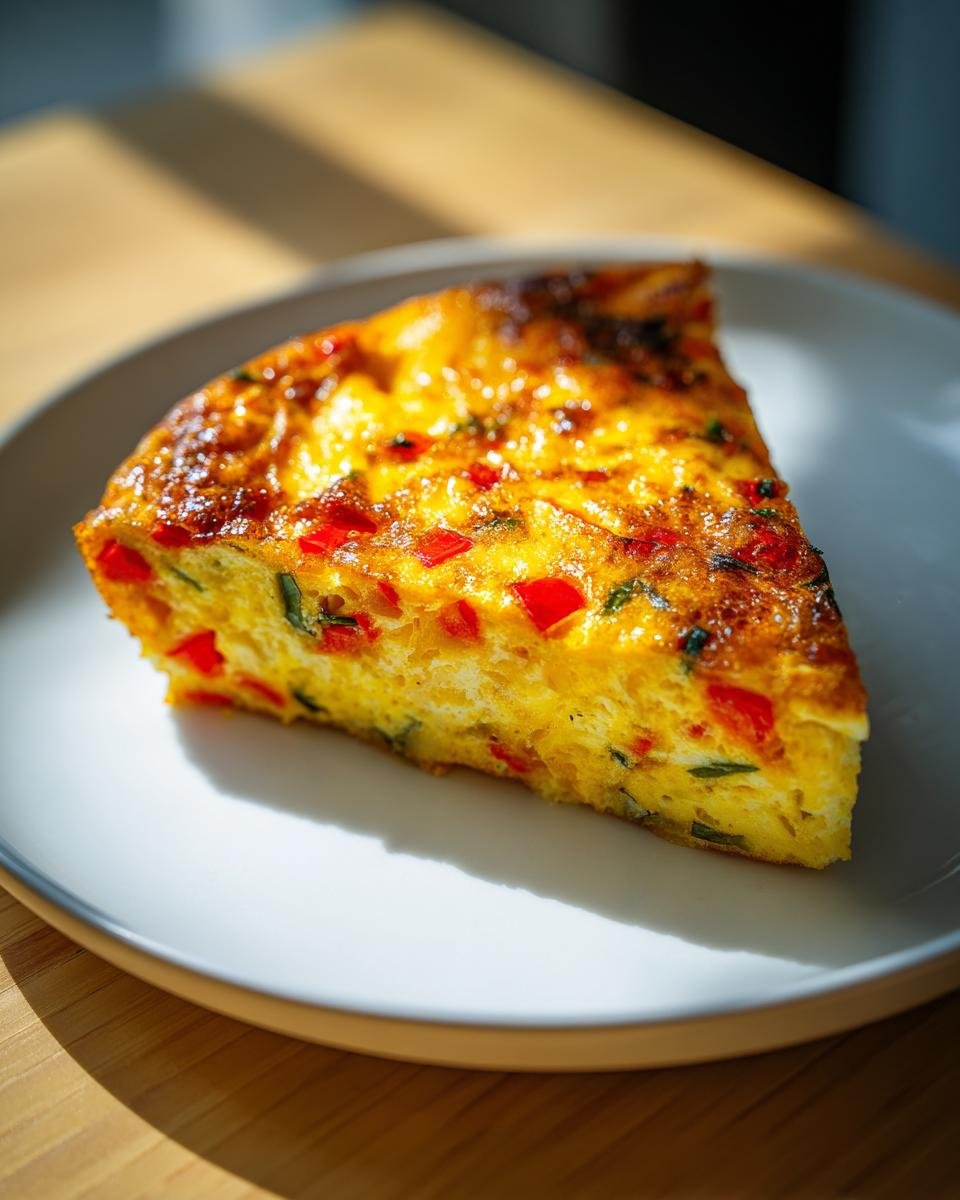 A slice of Irresistible Baked Vegetable Frittata Recipe, featuring red bell peppers and herbs, served on a white plate.