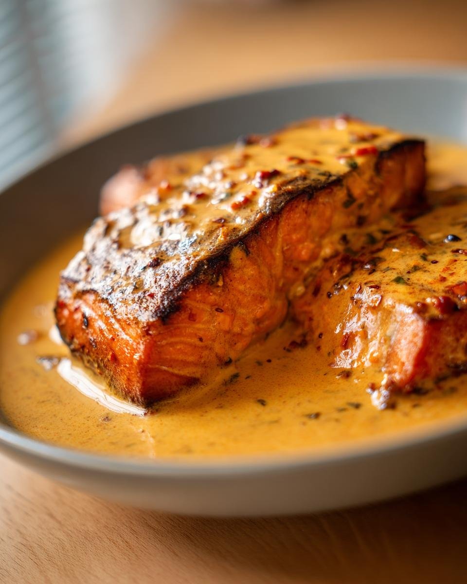 Close-up of two Irresistible Bang Bang Salmon fillets coated in a creamy, spicy sauce.