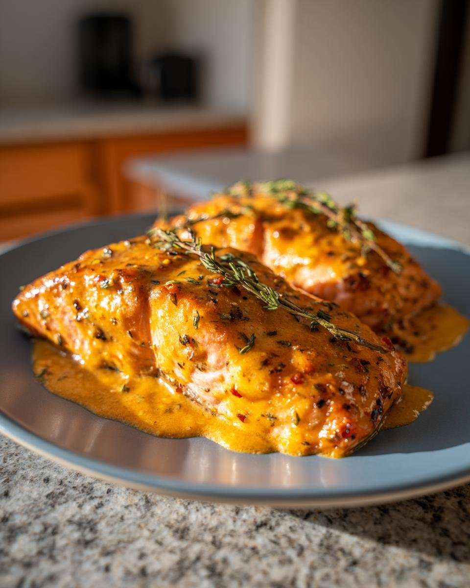 Two fillets of Irresistible Bang Bang Salmon Recipe, coated in a creamy orange sauce and garnished with thyme.