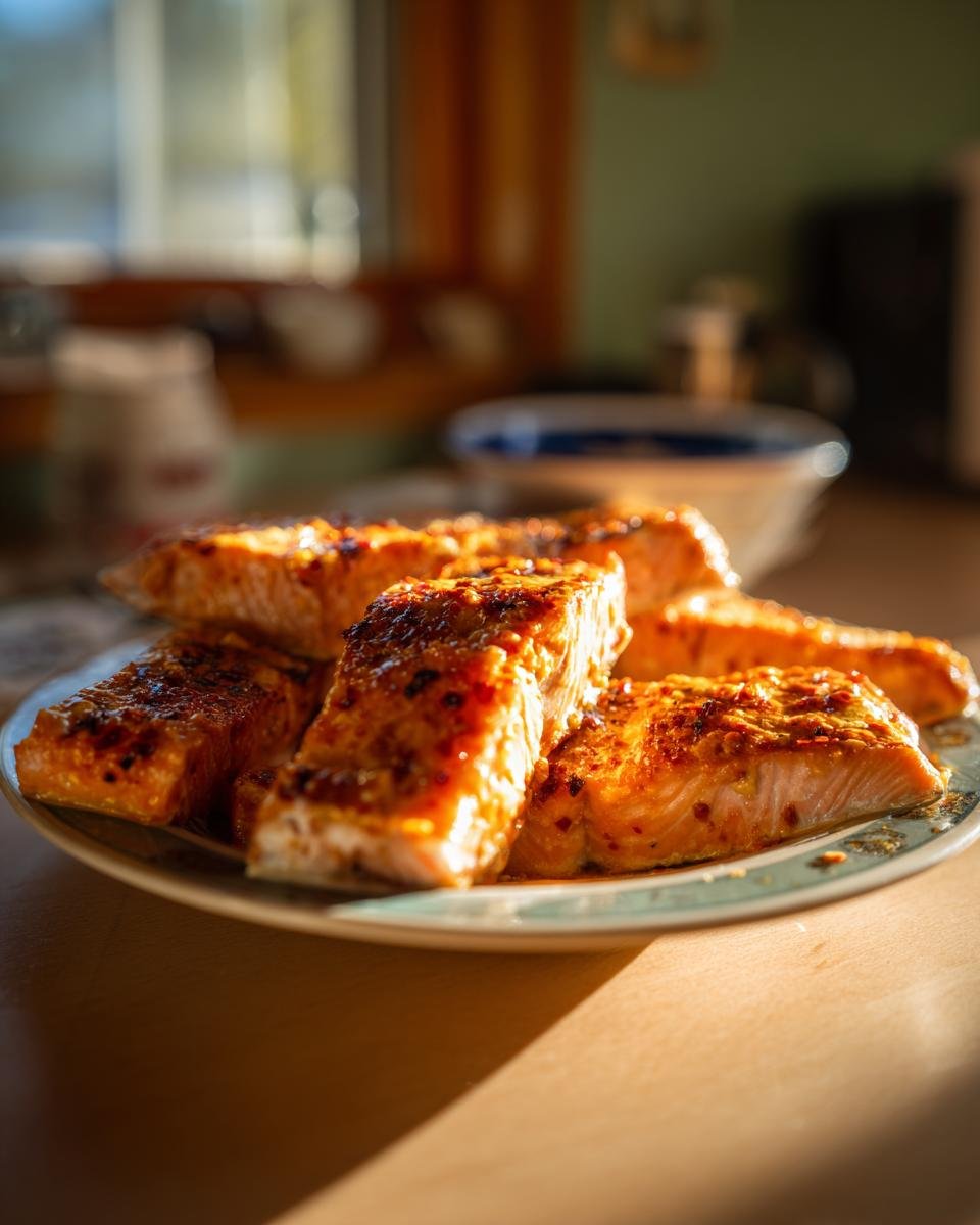 Close-up of delicious Irresistible Bang Bang Salmon fillets on a plate, glistening with sauce.
