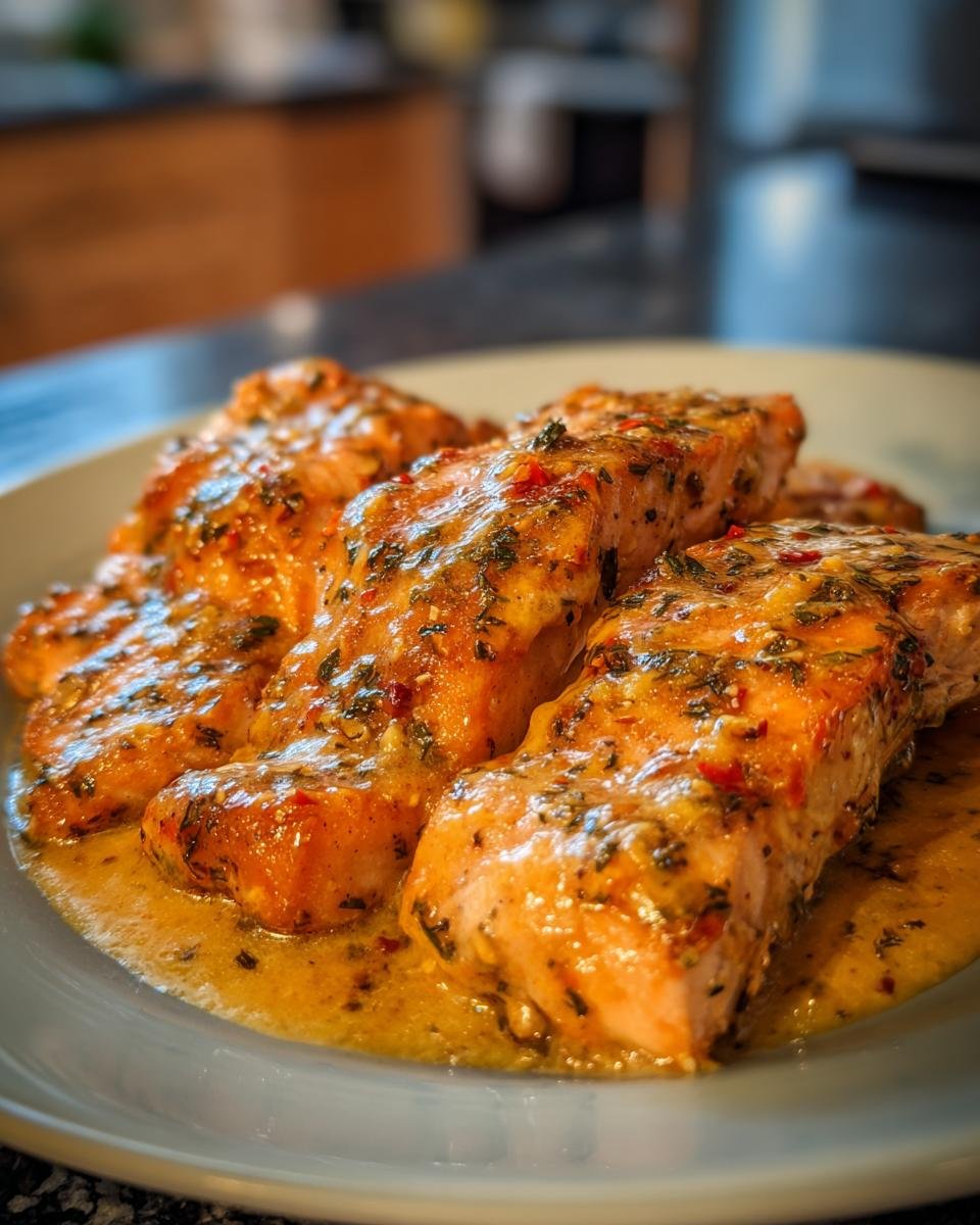 Close-up of flaky salmon pieces coated in a creamy, spicy Bang Bang sauce with herbs and chili flakes.