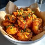 Close-up of a bowl filled with Irresistible Bang Bang Shrimp, drizzled with sauce and topped with chives.
