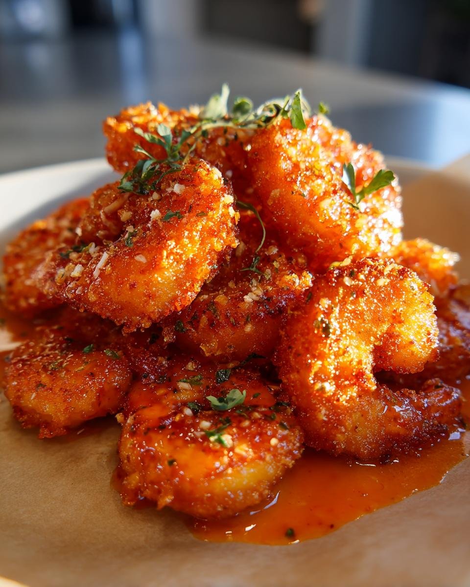 A close-up of a pile of Irresistible Bang Bang Shrimp, coated in a spicy, glossy sauce and sprinkled with herbs.