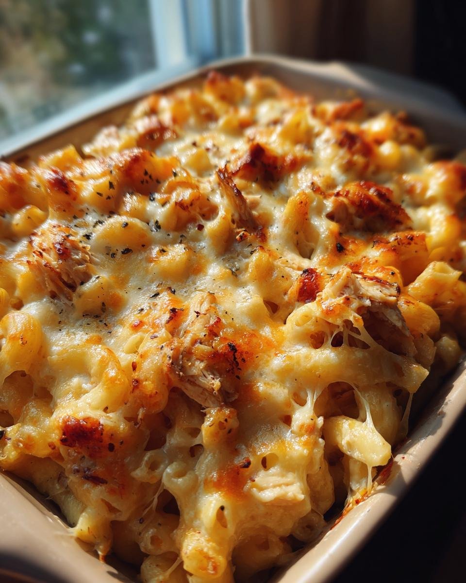 Close-up of baked Irresistible BBQ Chicken Mac And Cheese in a baking dish, with melted cheese and visible chicken pieces.