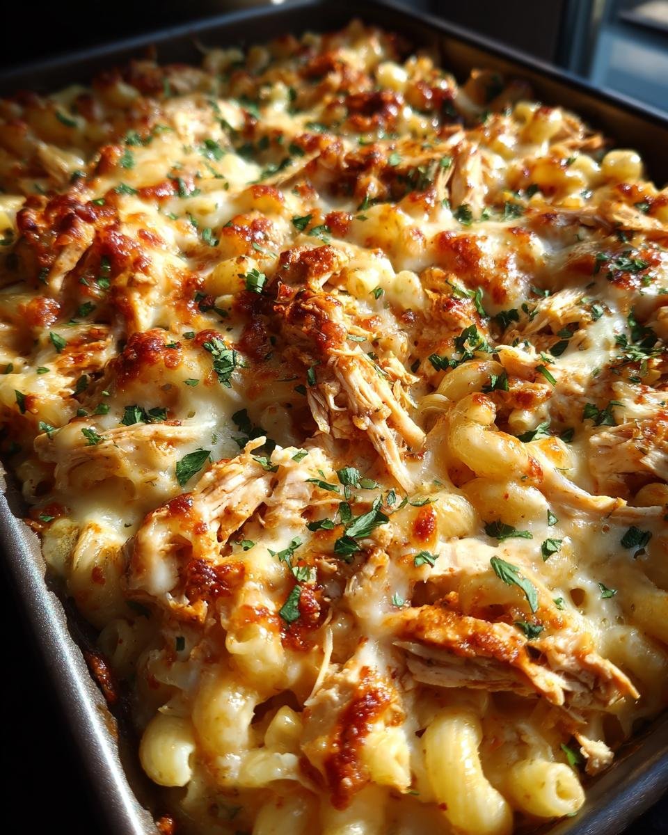 Close-up of a pan of Irresistible BBQ Chicken Mac And Cheese, topped with melted cheese and parsley.