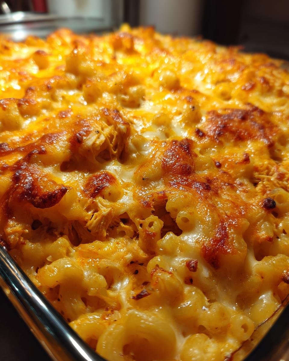 A close-up shot of baked Irresistible BBQ Chicken Mac and Cheese in a glass dish, with golden melted cheese and pasta.