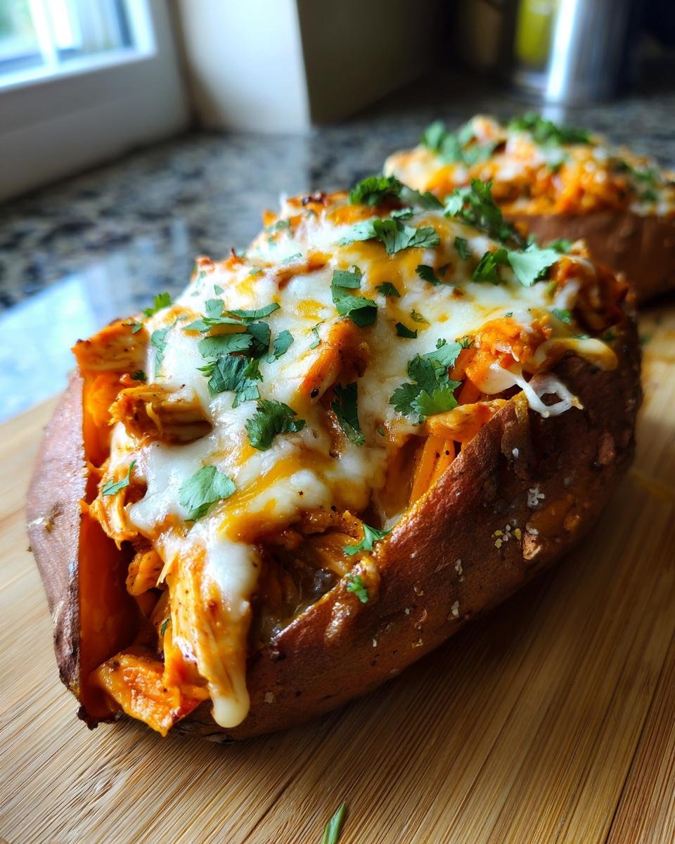 Close-up of an Irresistible BBQ Chicken Stuffed Sweet Potato topped with melted cheese and cilantro.