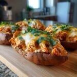 Close-up of irresistible BBQ chicken stuffed sweet potatoes topped with melted cheese and cilantro.