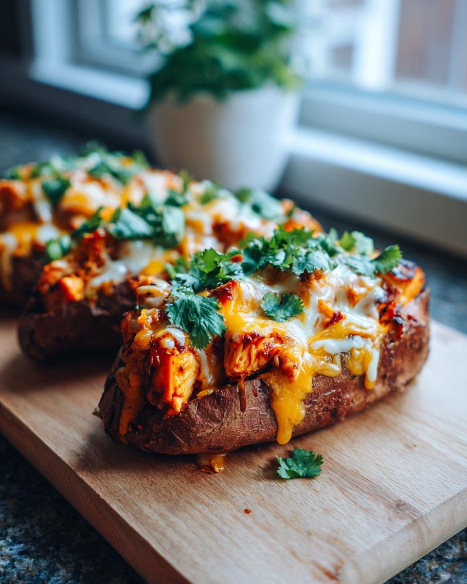 Two Irresistible BBQ Chicken Stuffed Sweet Potatoes topped with melted cheese and fresh cilantro on a wooden board.