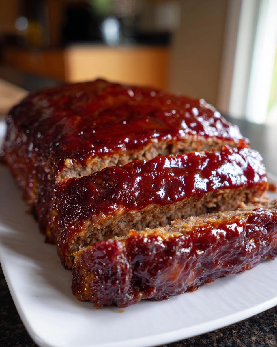 A close-up of a sliced Irresistible BBQ Meatloaf Recipe, glazed with a sweet and smoky sauce.
