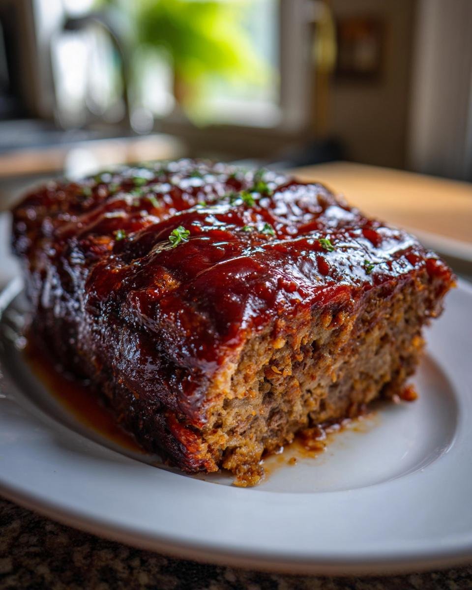 A slice of Irresistible BBQ Meatloaf Recipe, topped with a glossy sweet and smoky glaze and fresh herbs.