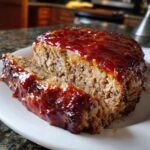 A close-up of a slice of irresistible BBQ meatloaf recipe, glazed with a sweet and smoky sauce.