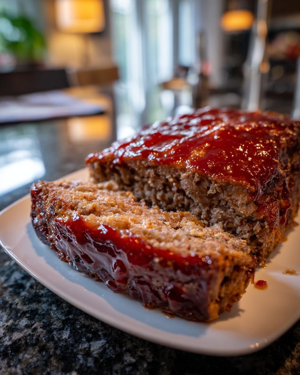 A slice of Irresistible BBQ Meatloaf Recipe, glazed with a sweet and smoky sauce, on a white plate.