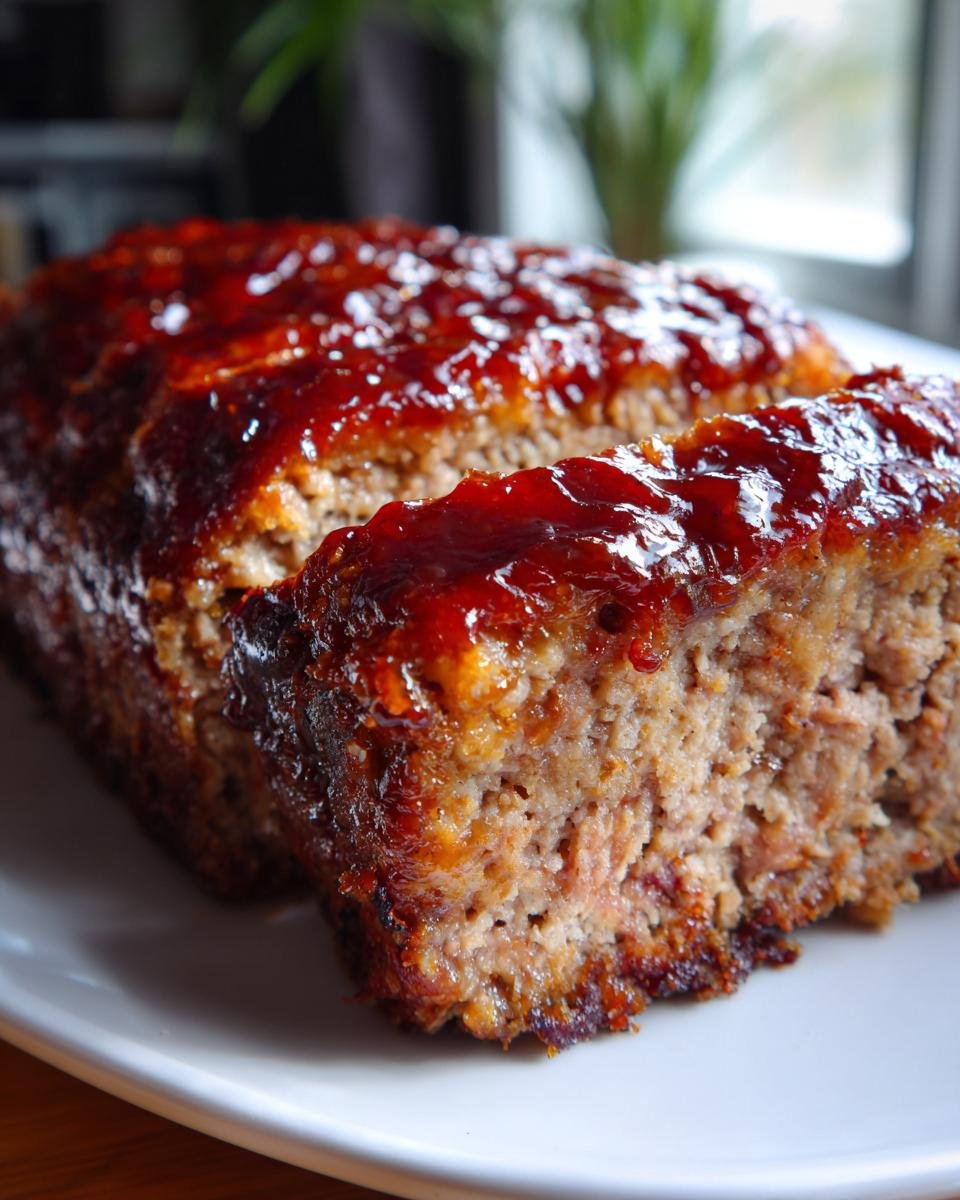Close-up of a slice of Irresistible BBQ Meatloaf Recipe with a sweet and smoky glaze.