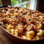 Close-up of Irresistible BBQ Pulled Pork Mac And Cheese in a baking dish, topped with melted cheese and parsley.