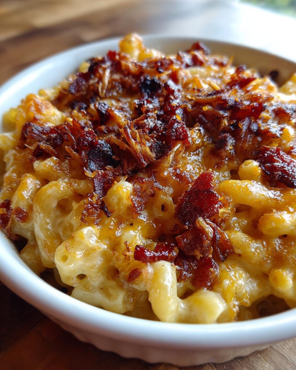 Close-up of Irresistible BBQ Pulled Pork Mac and Cheese topped with crispy bacon bits.