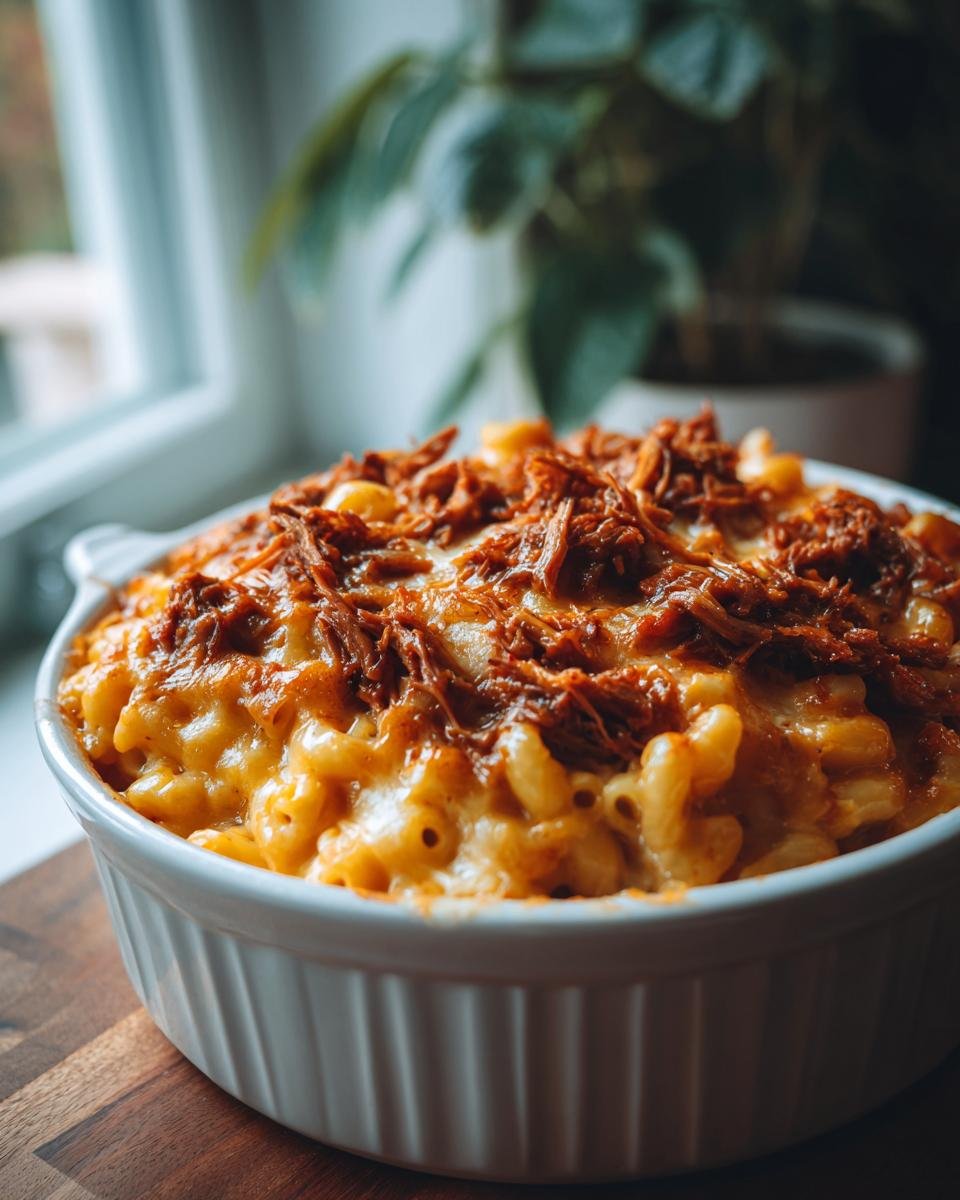 Close-up of Irresistible BBQ Pulled Pork Mac And Cheese in a white baking dish, topped with shredded pork.