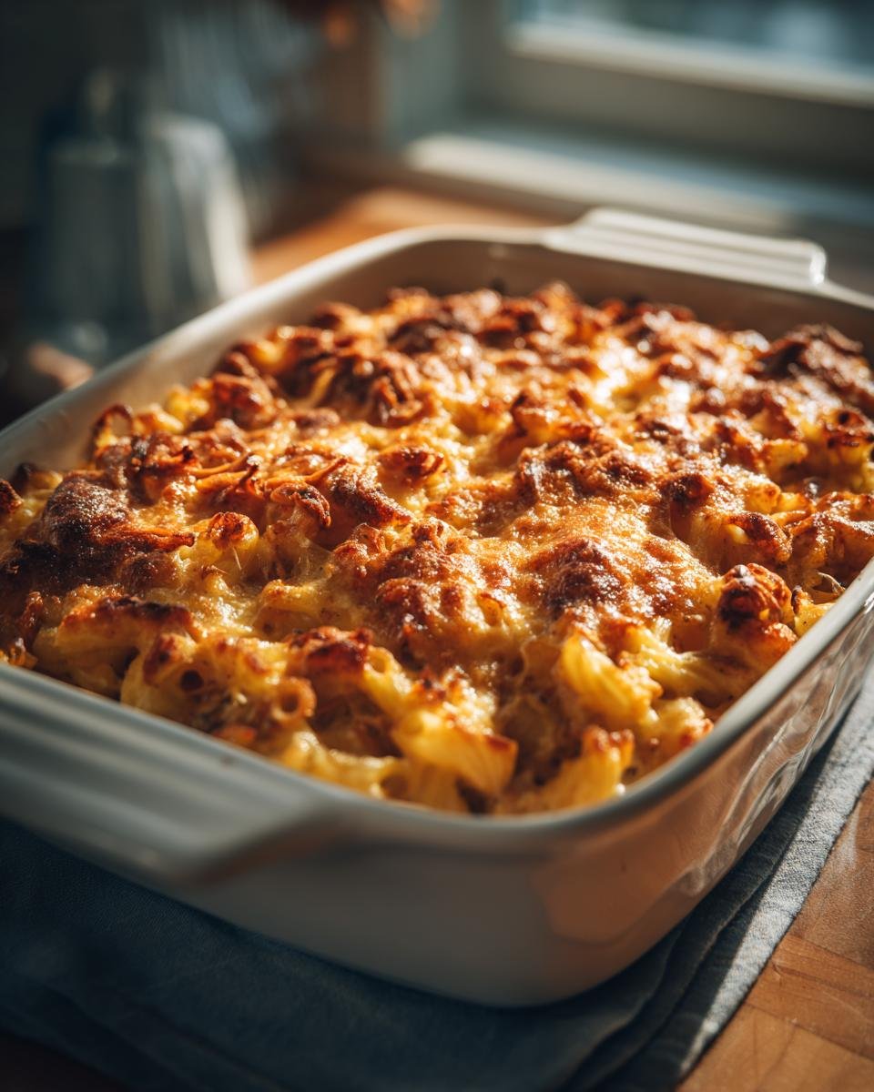 A golden-brown baked dish of Irresistible BBQ Pulled Pork Mac and Cheese, bubbling and cheesy.