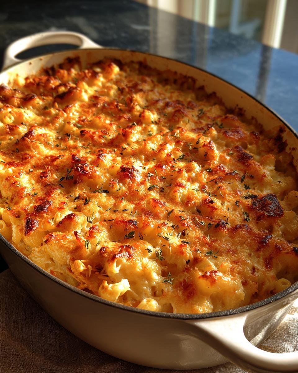 A golden-brown baked casserole of Irresistible BBQ Pulled Pork Mac and Cheese, topped with herbs.