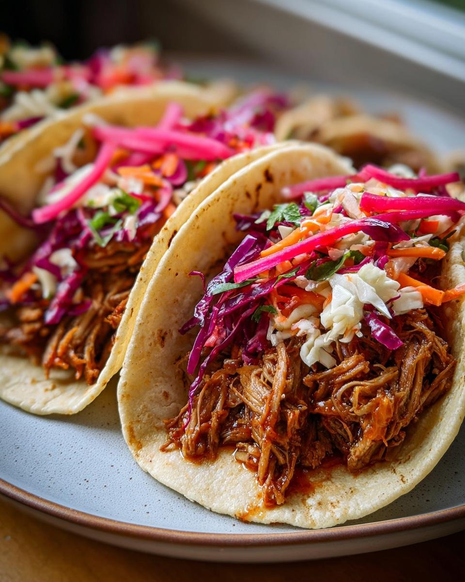 Close-up of Irresistible BBQ Pulled Pork Tacos overflowing with shredded pork and colorful slaw.