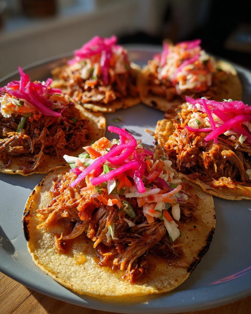 Close-up of five Irresistible BBQ Pulled Pork Tacos topped with vibrant pink pickled onions and slaw.