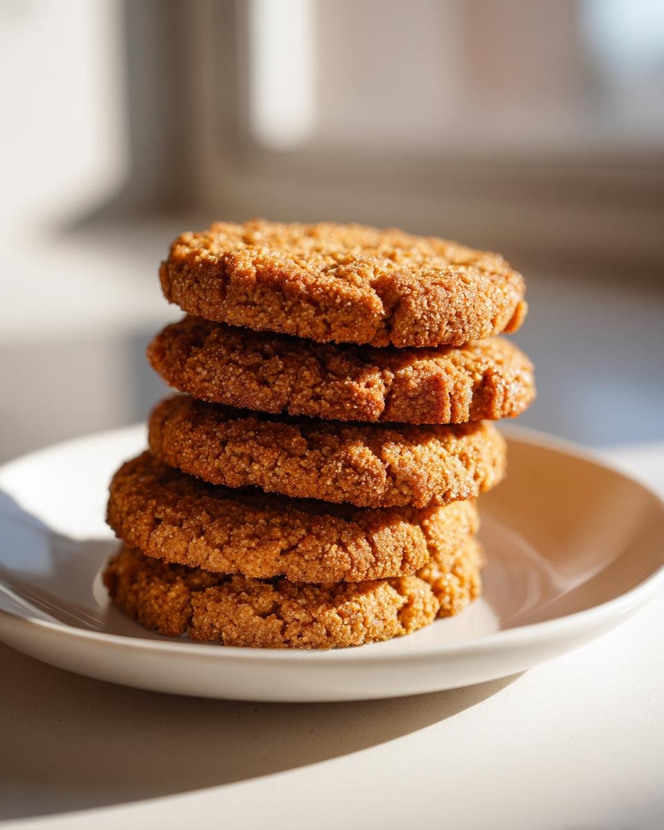 A stack of five Irresistible Breakfast Protein Biscuits on a white plate, bathed in warm sunlight.