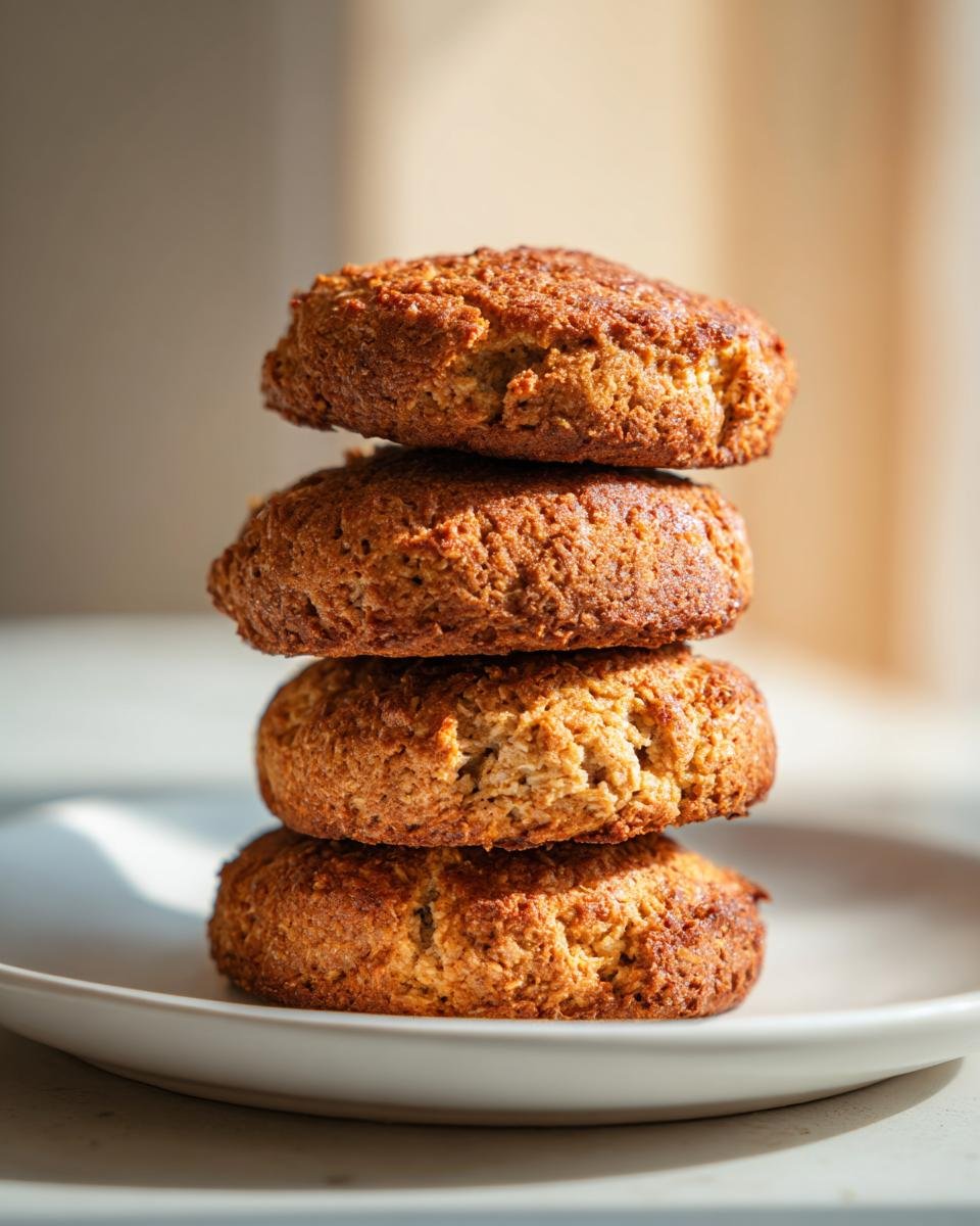 A stack of four golden-brown Irresistible Breakfast Protein Biscuits on a white plate, ready for an energizing start.