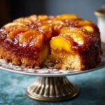 A slice is cut from an Irresistible Browned Butter Peach Upside Down Cake, revealing a moist crumb and caramelized peaches.