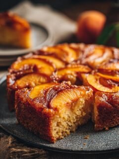 A slice of Irresistible Browned Butter Peach Upside Down Cake on a dark plate, showcasing caramelized peaches and moist cake.