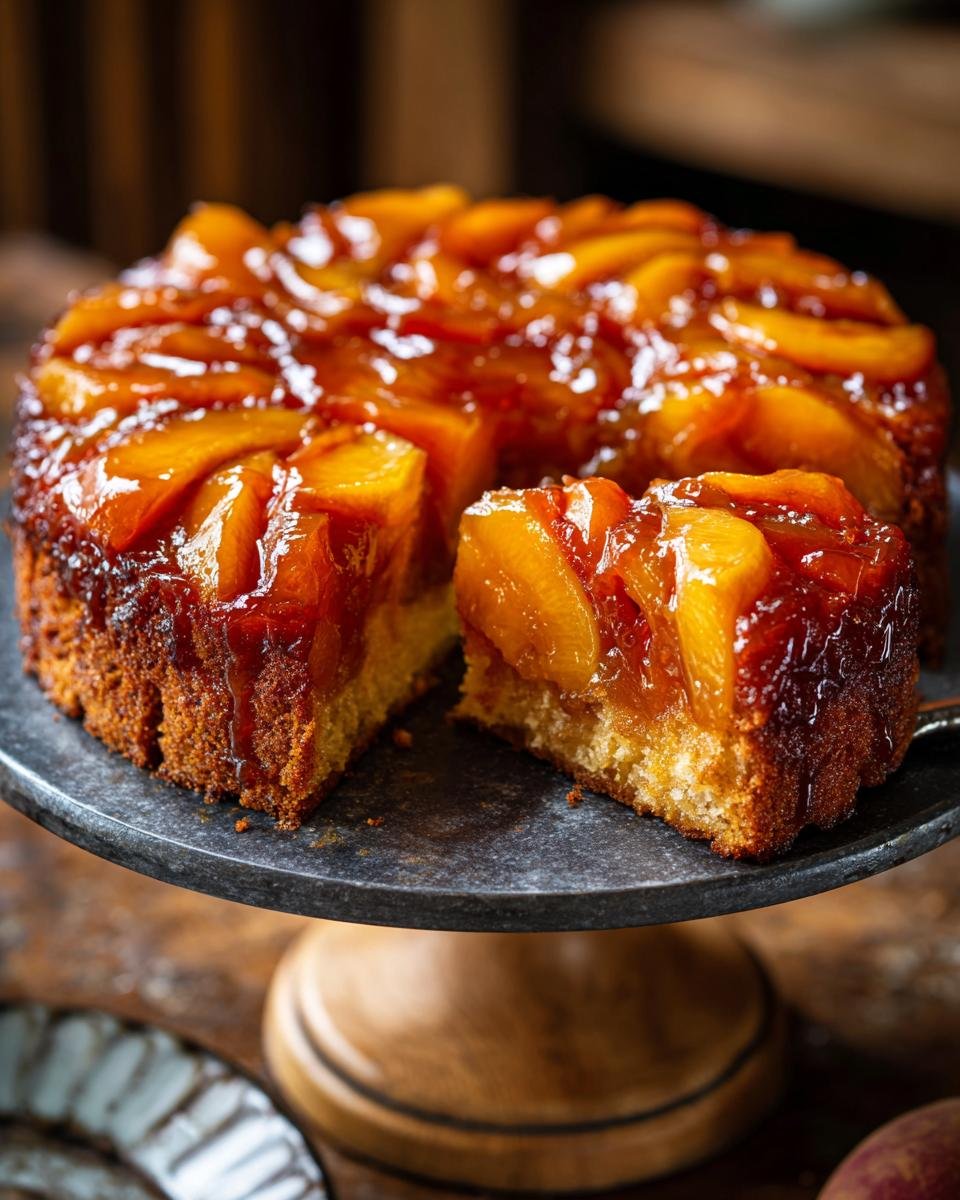 A slice is removed from an Irresistible Browned Butter Peach Upside Down Cake, revealing a moist crumb and caramelized peaches.