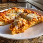 A close-up of a slice of Irresistible Buffalo Chicken Pizza, showing shredded chicken in spicy sauce and melted cheese.