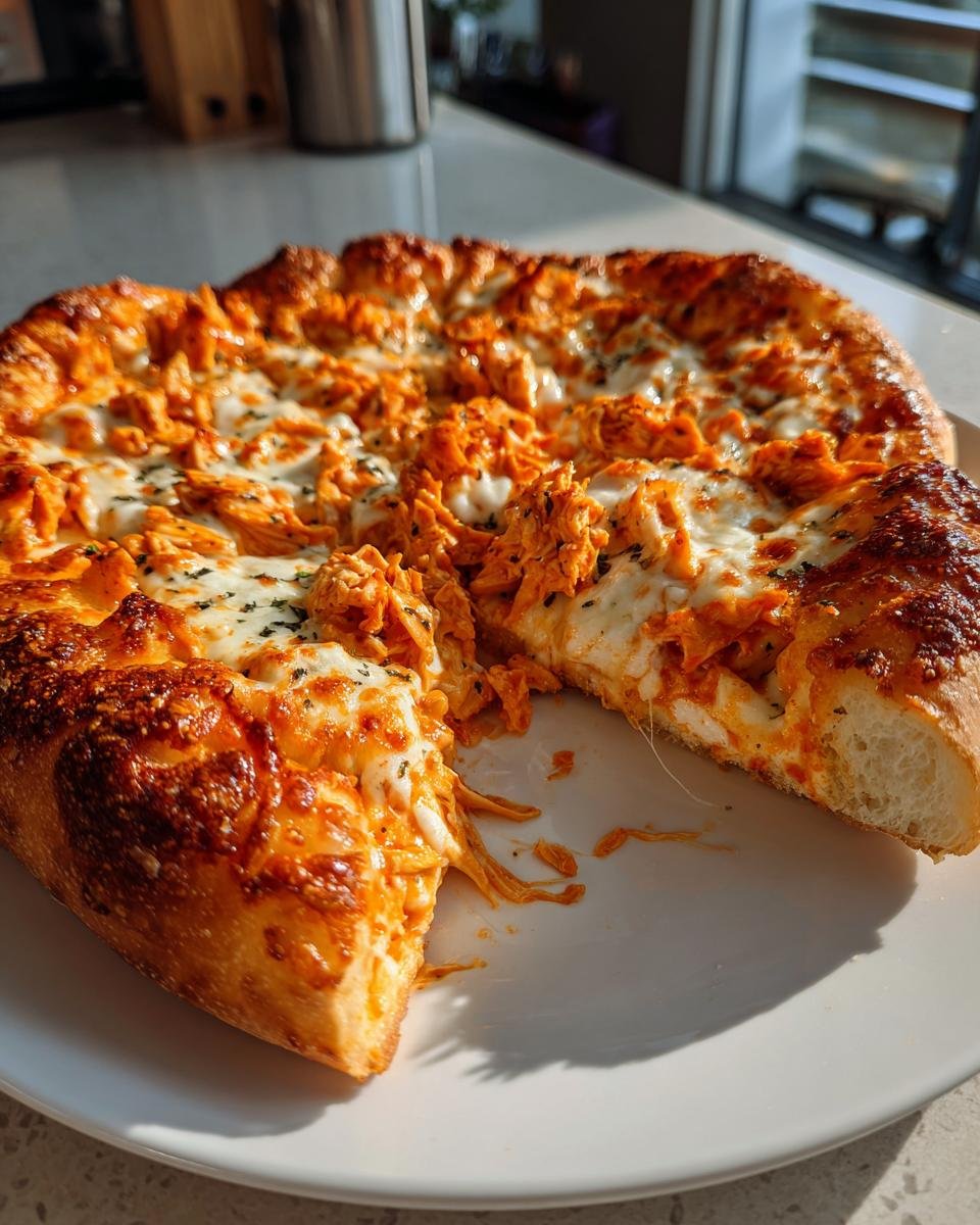 A slice of Irresistible Buffalo Chicken Pizza with melted cheese and spicy chicken topping.