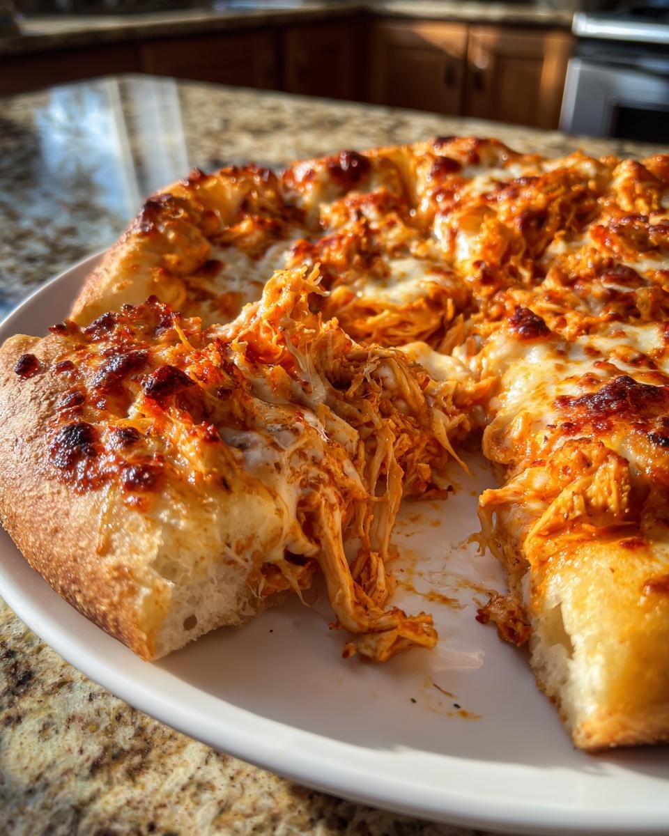 A close-up of a slice of Irresistible Buffalo Chicken Pizza, showcasing shredded chicken and melted cheese.
