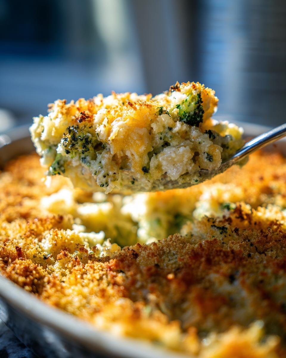 A spoonful of Irresistible Cheesy Broccoli Rice Casserole, showing creamy rice, broccoli florets, and a golden-brown cheesy topping.