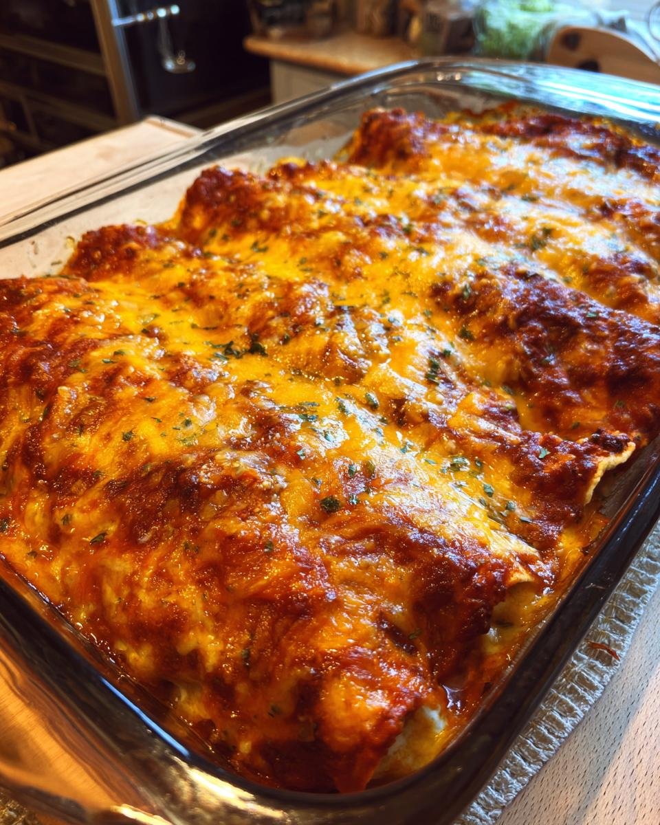 Close-up of Irresistible Cheesy Chicken Enchiladas baked in a glass dish, topped with melted cheese and red sauce.