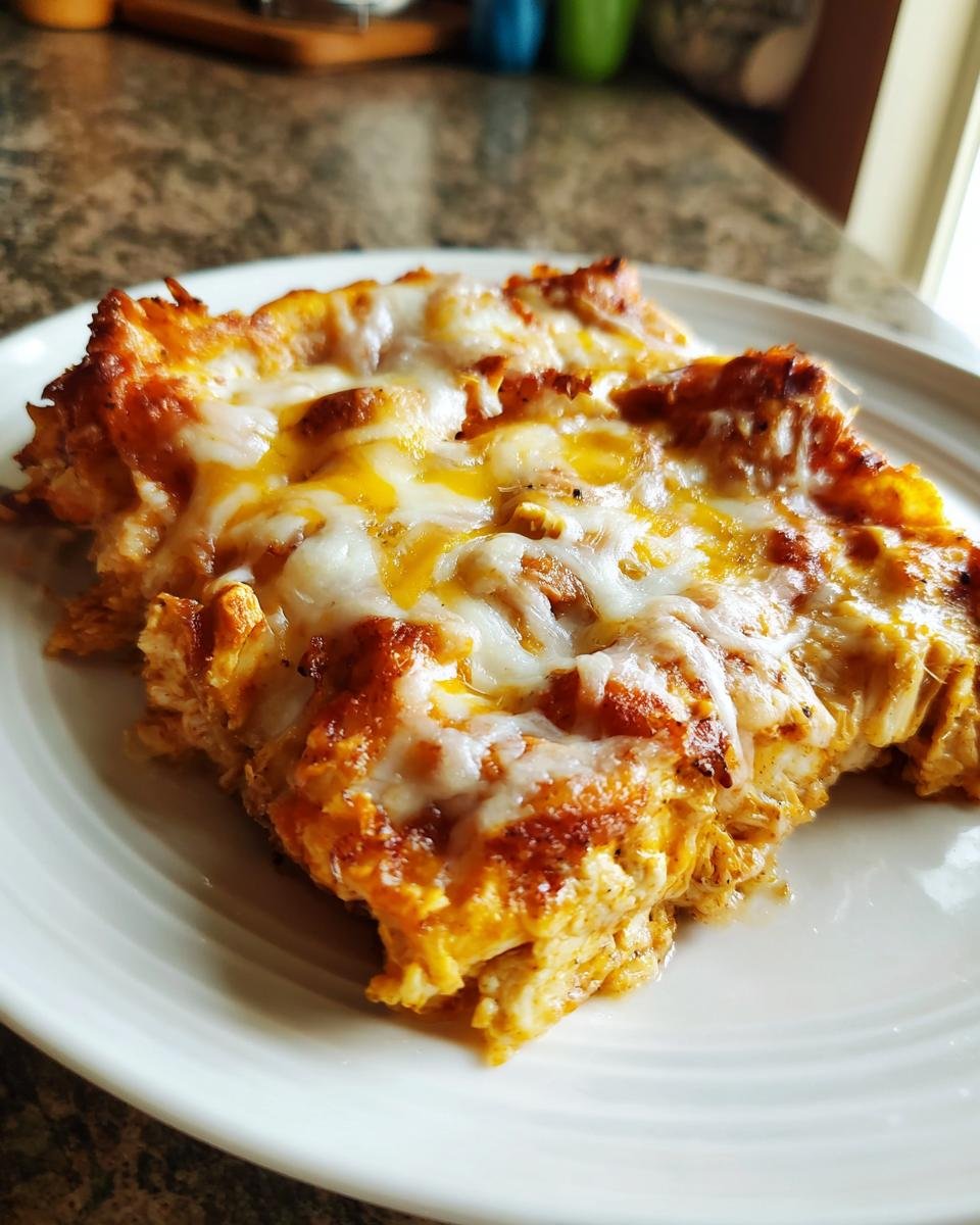 A close-up of a slice of Irresistible Cheesy Chicken Enchiladas, showing melted cheese and shredded chicken.