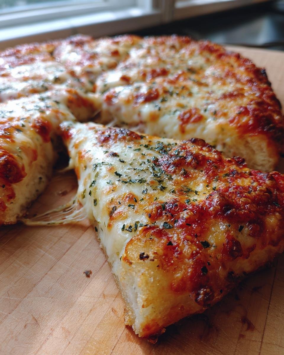 A close-up of a slice of Irresistible Cheesy Garlic Bread Pizza Toast, showing melted cheese and herbs.