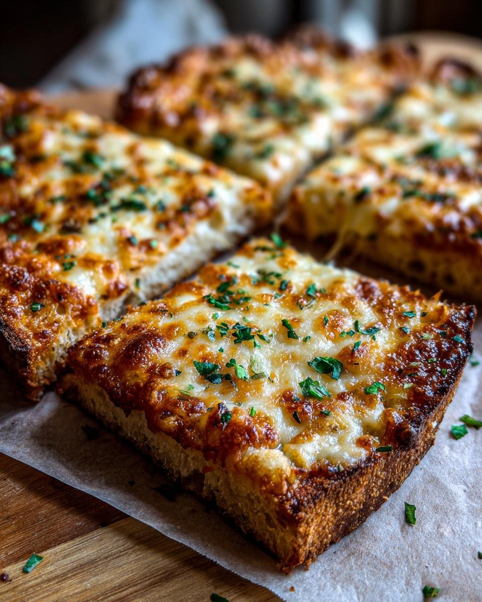 Close-up of Irresistible Cheesy Garlic Bread Pizza Toast, cut into slices and sprinkled with fresh parsley.