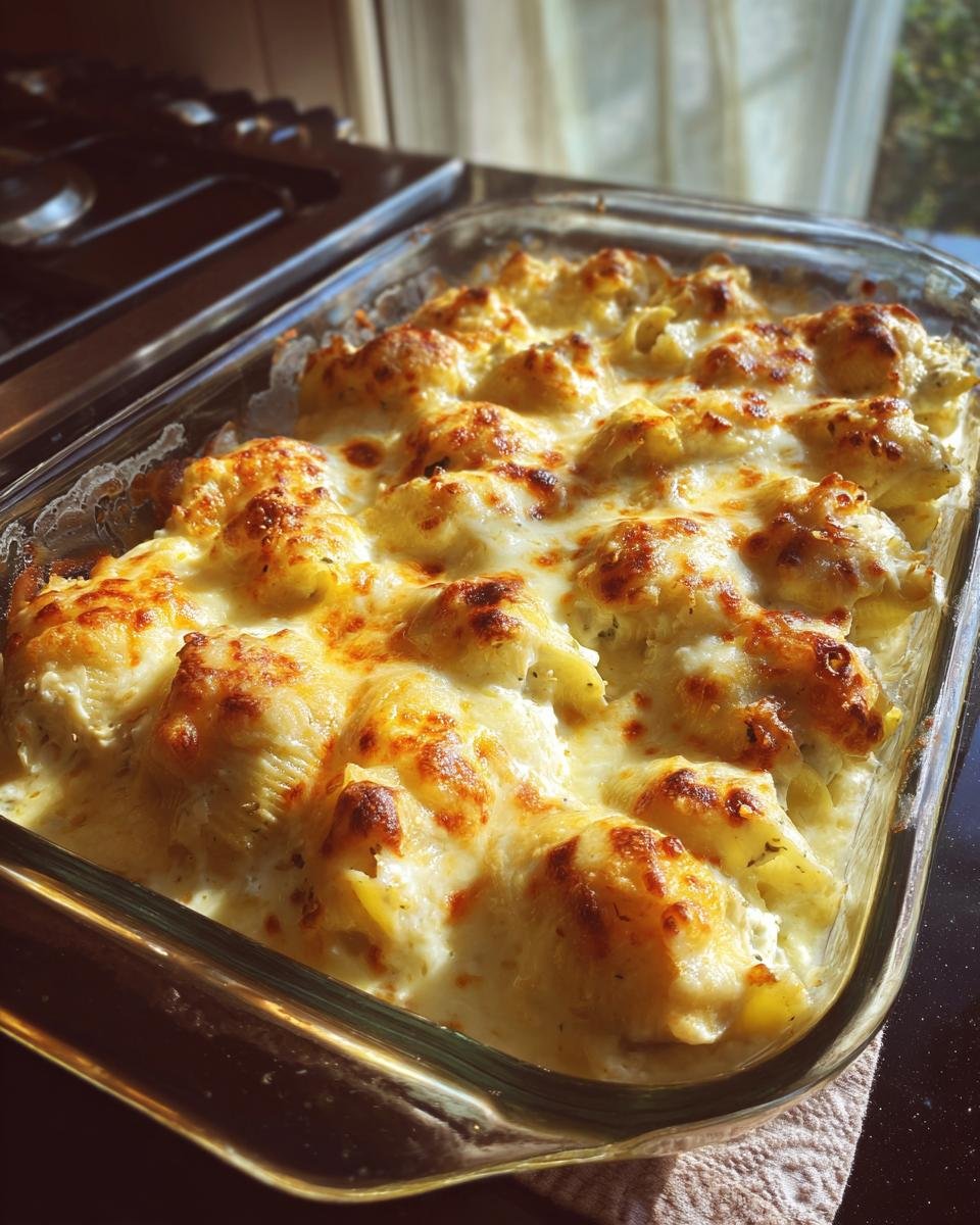 Close-up of baked Irresistible Chicken Alfredo Stuffed Shells in a glass dish, topped with melted, golden-brown cheese.