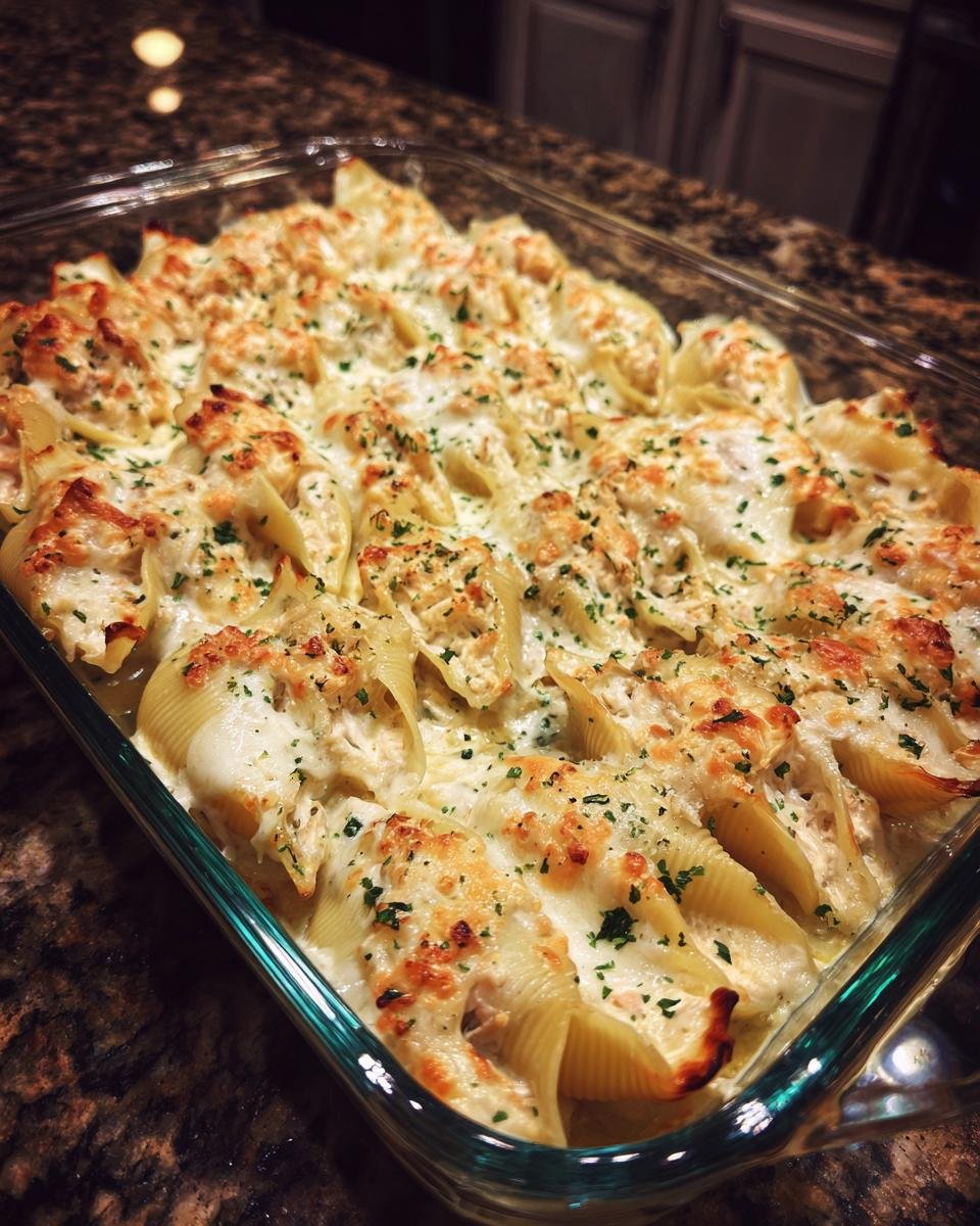 A pan of Irresistible Chicken Alfredo Stuffed Shells baked in a glass dish, topped with melted cheese and parsley.