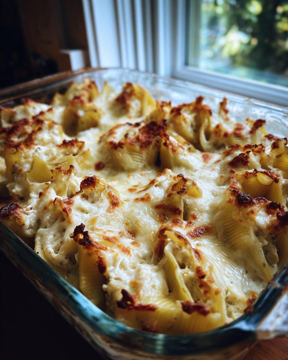 Close-up of Irresistible Chicken Alfredo Stuffed Shells baked in a glass dish, topped with melted cheese.